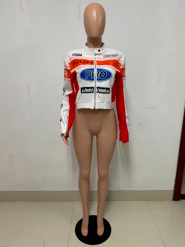 Autumn And Winter High Street Print Stand Collar Short Zipper Jacket 13