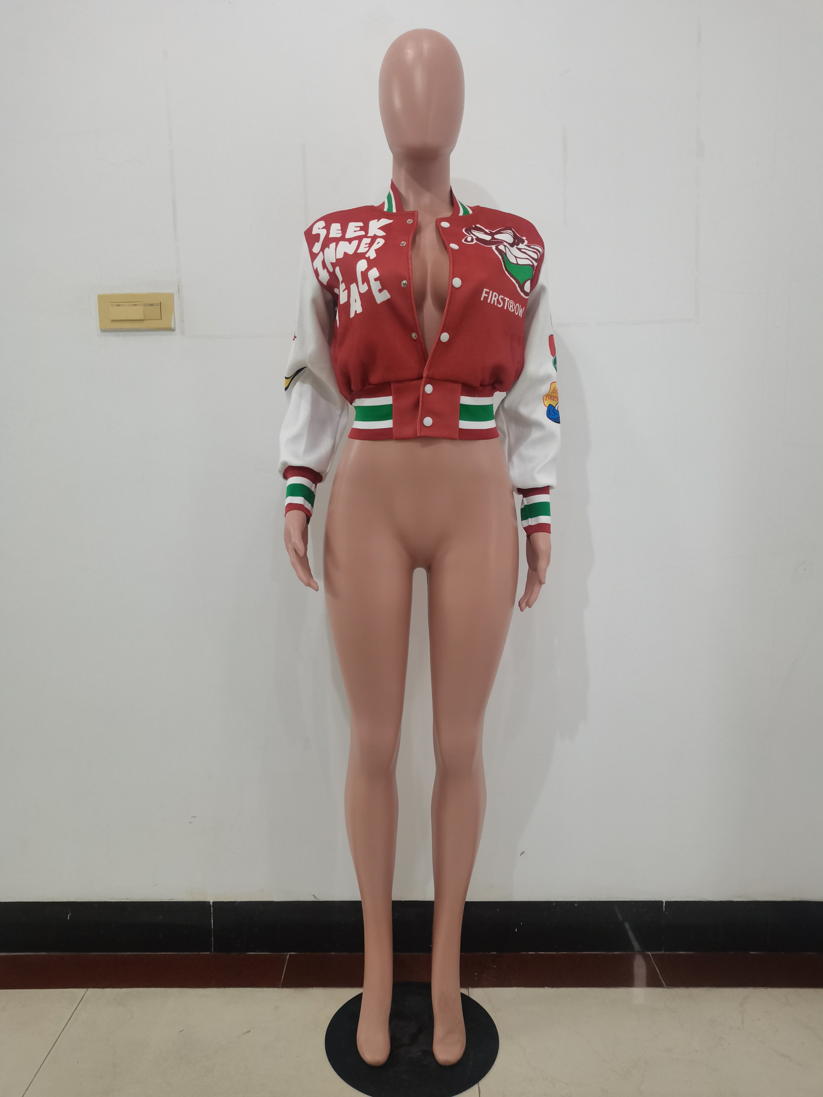 Positioning Print Ribbed Fashion Women's Top Baseball Jacket 27