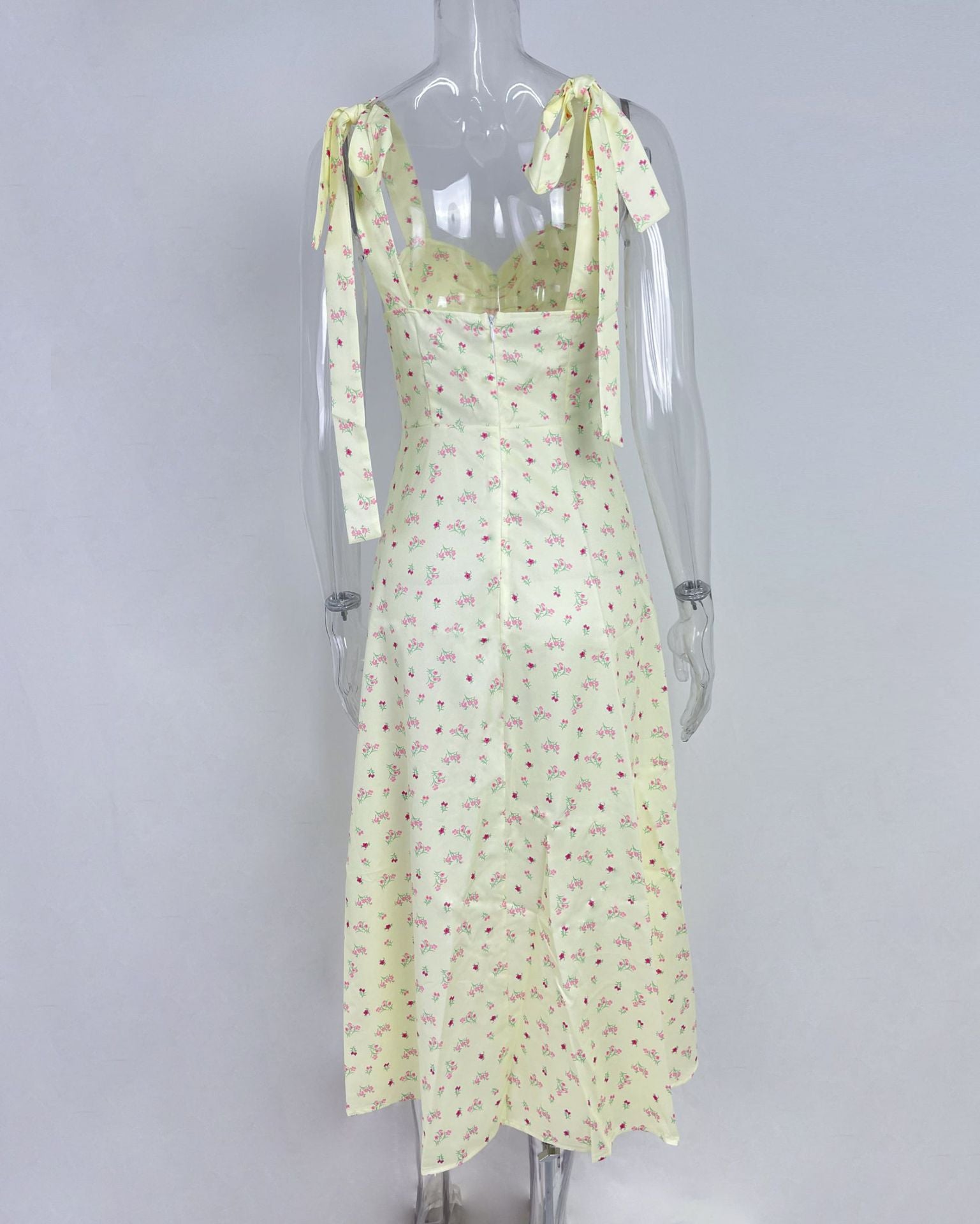 Women V-neck Suspender Lace-up Floral Backless Slit Dress 5