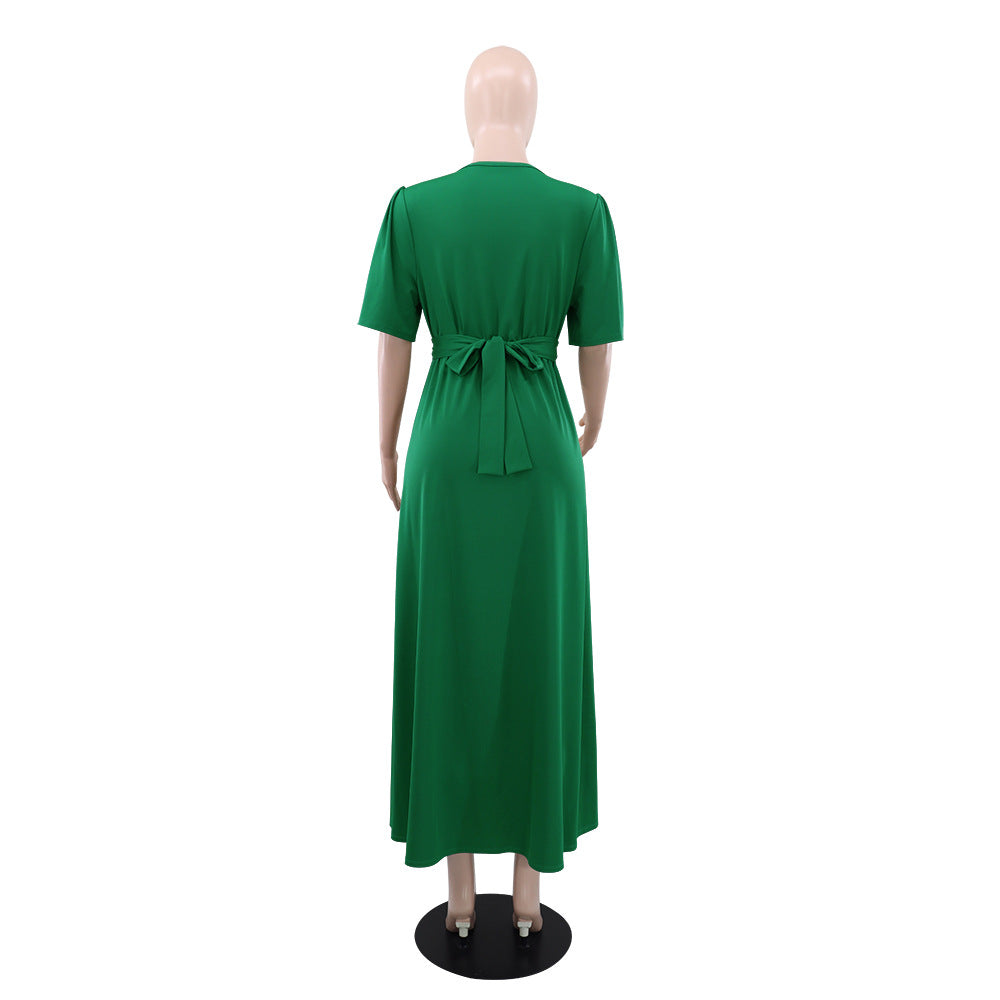 Green Round V-Neck High Waist Belt Short Sleeve Elegant Long Dress