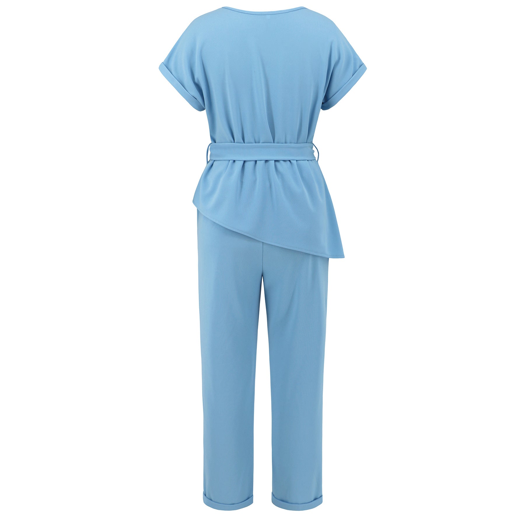 Career Women's Round Neck Short Sleeve Belt Top Set Long Pants Fashion Casual Two Piece Set 16