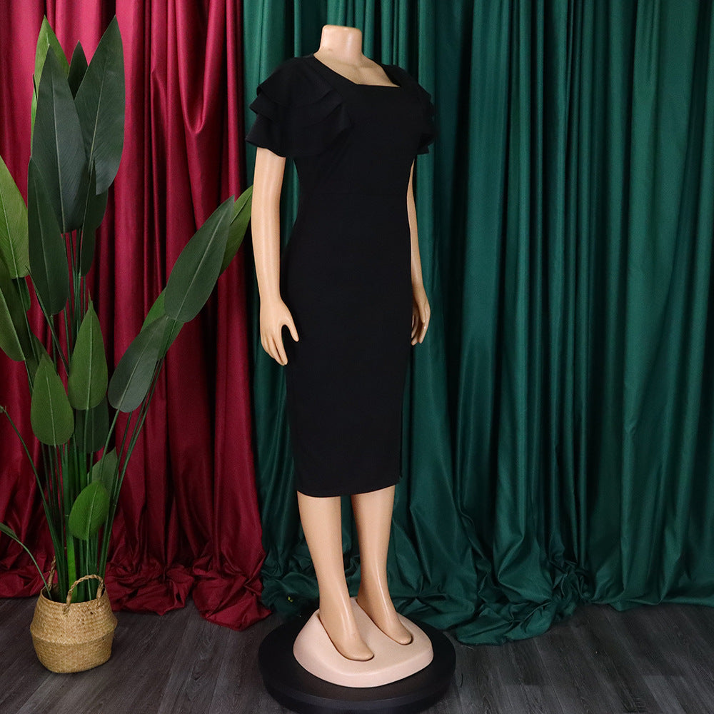 Women's Summer Chic Career Square Neck Short Sleeve Sexy Bodycon African Dress 12