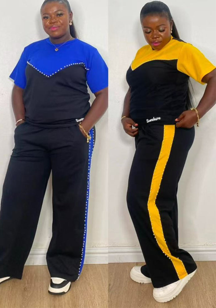Women Casual Patchwork Contrast Beaded Short Sleeve Top and Pant Two-Piece Set