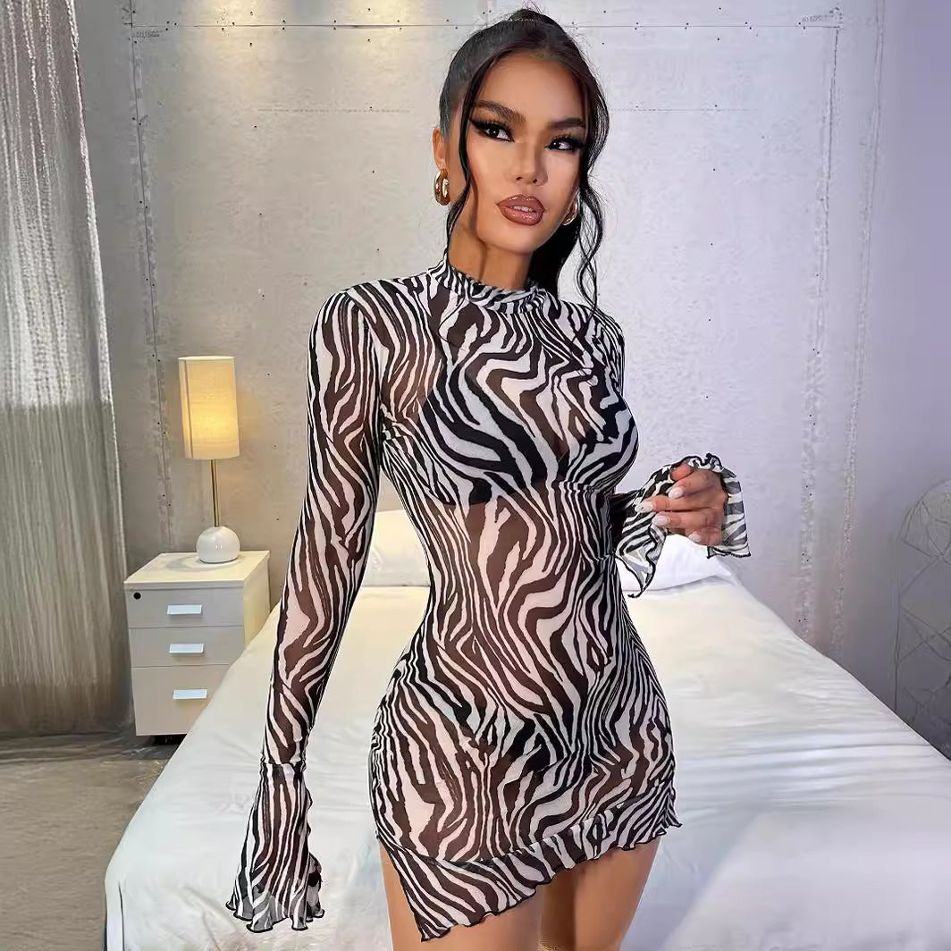 Women's Zebra Print ell Sleeves See Through Bodycon Mini Dress 3