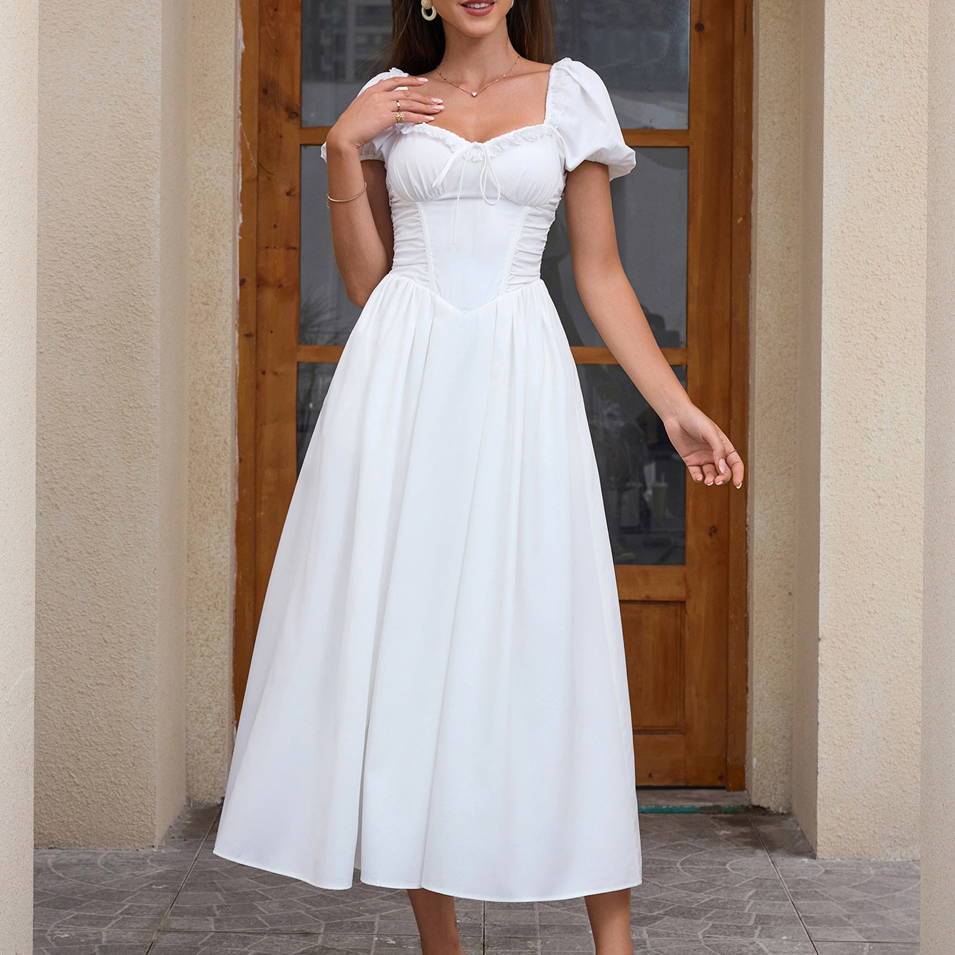 Women Summer Puff Short-Sleeved Solid Sexy Backless Lace-Up Maxi Dress 5