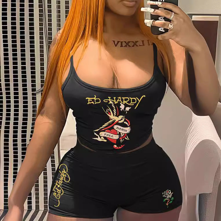 Women Sexy Printed Suspender Top and Shorts Two-piece Set