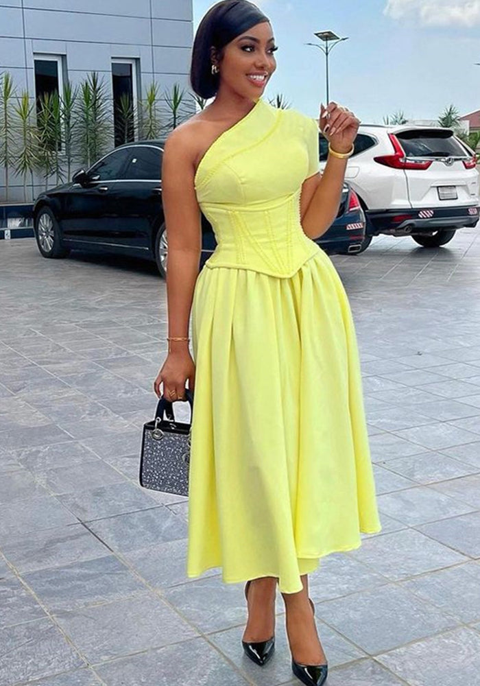 Women African Autumn and Winter Solid Slash Shoulder Short Sleeve Maxi Dress