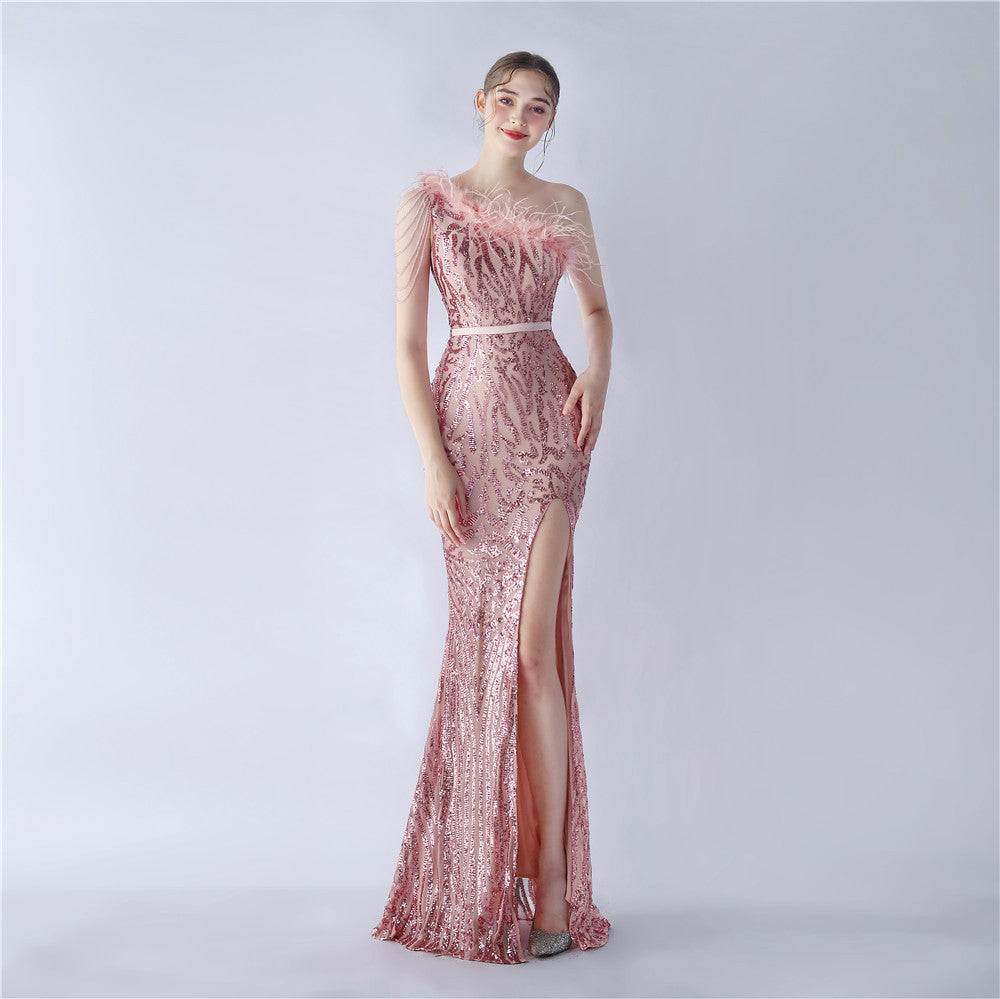 Women Elegant Beaded Ostrich Feather Slash Shoulder One Shoulder Formal Party Evening Dress 20