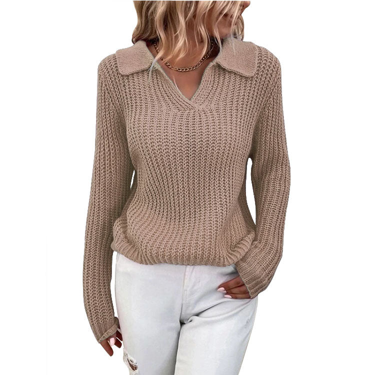 Women Turndown Collar Round Neck Sweater 6