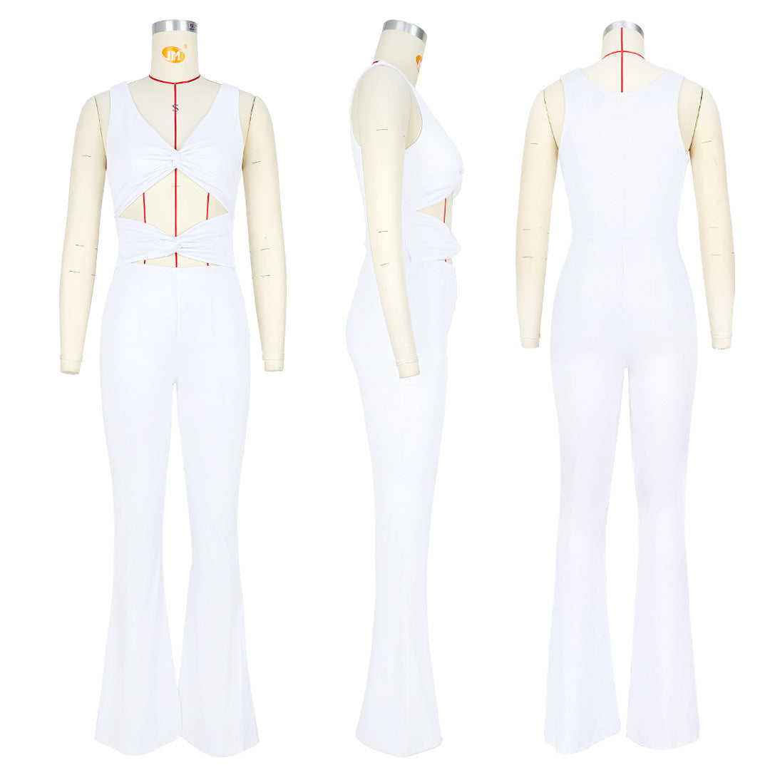 Women Solid Color Slim Cut Out Knot Bell Bottom Jumpsuit 17