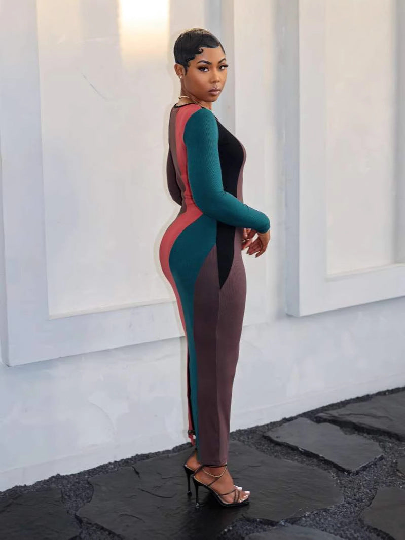 Women's Fashion Multi-Color Patchwork Long-Sleeved Ribbed Casual Dress 6