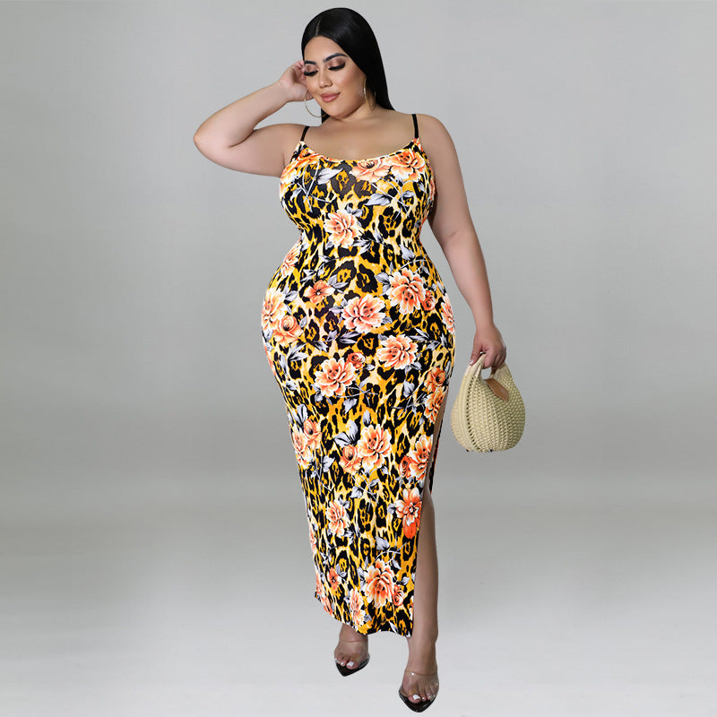 Plus Size Women's Summer Floral Print Strap Sexy Slit Bodycon Dress 6