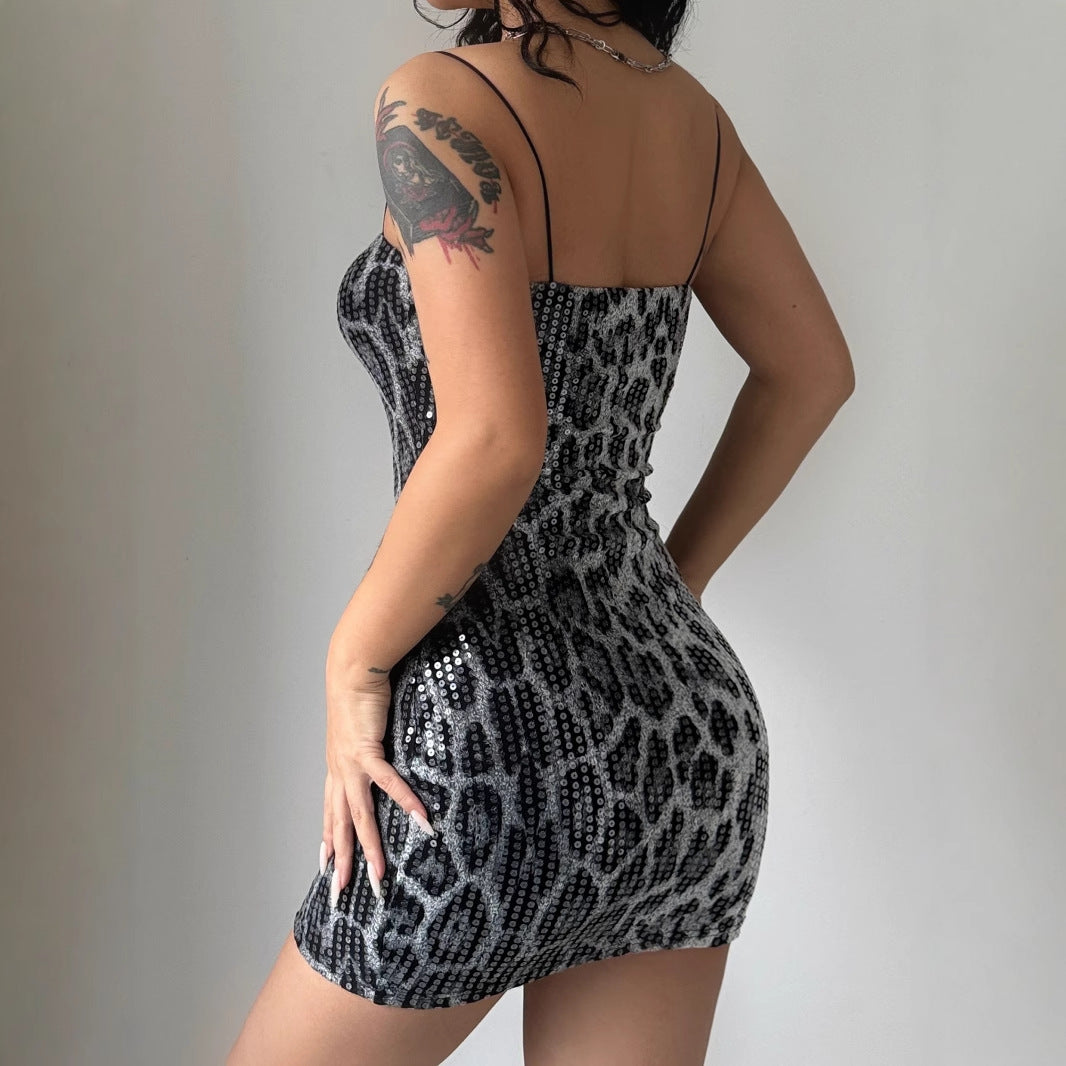 Autumn Winter Fashion Print Nightclub Strap Sequin Dress 5