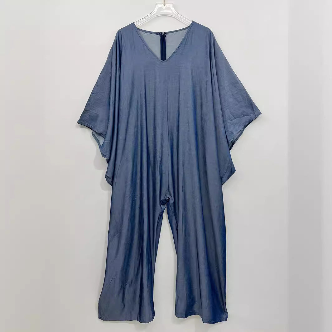 Plus Size V-Neck Loose Denim Jumpsuit