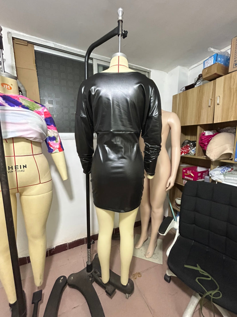 Women's Sexy V-Neck Long Sleeve Slim Leather Dress 16