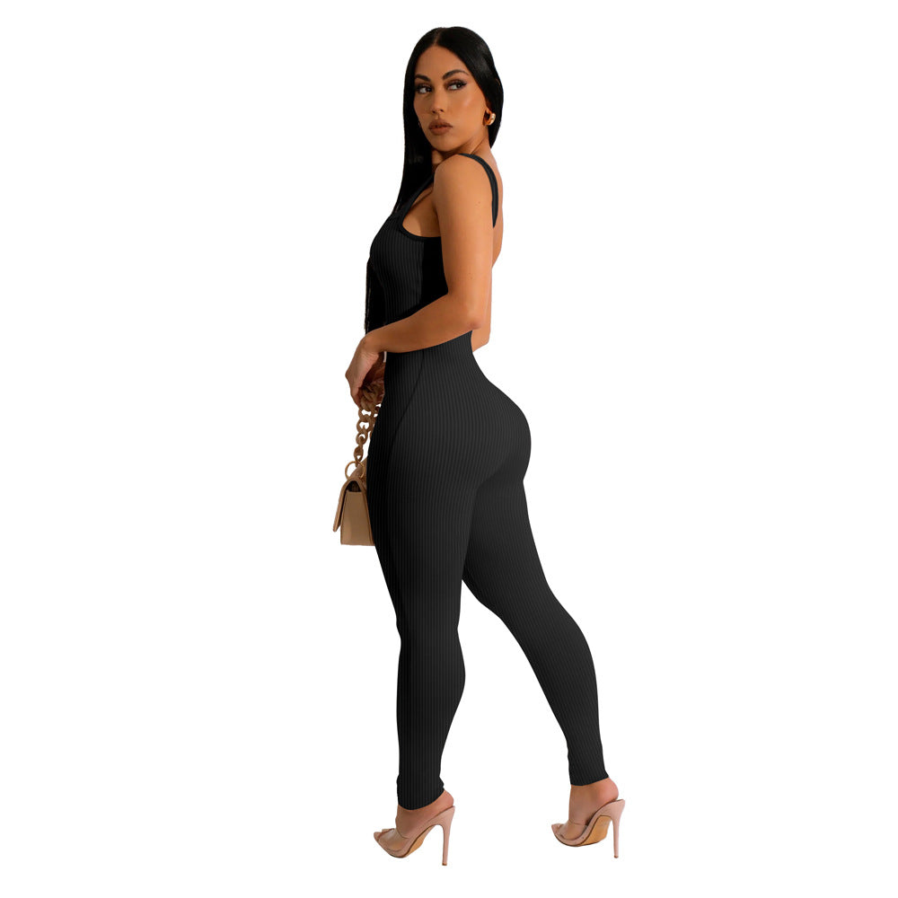 Women'S Solid Color Sleeveless Ribbed Square Neck Low Back Butt Lift Slim Fit Jumpsuit 13