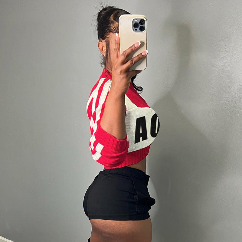 Women Patchwork Contrast Letter Half-High Neck Long Sleeve Crop Sweater 4