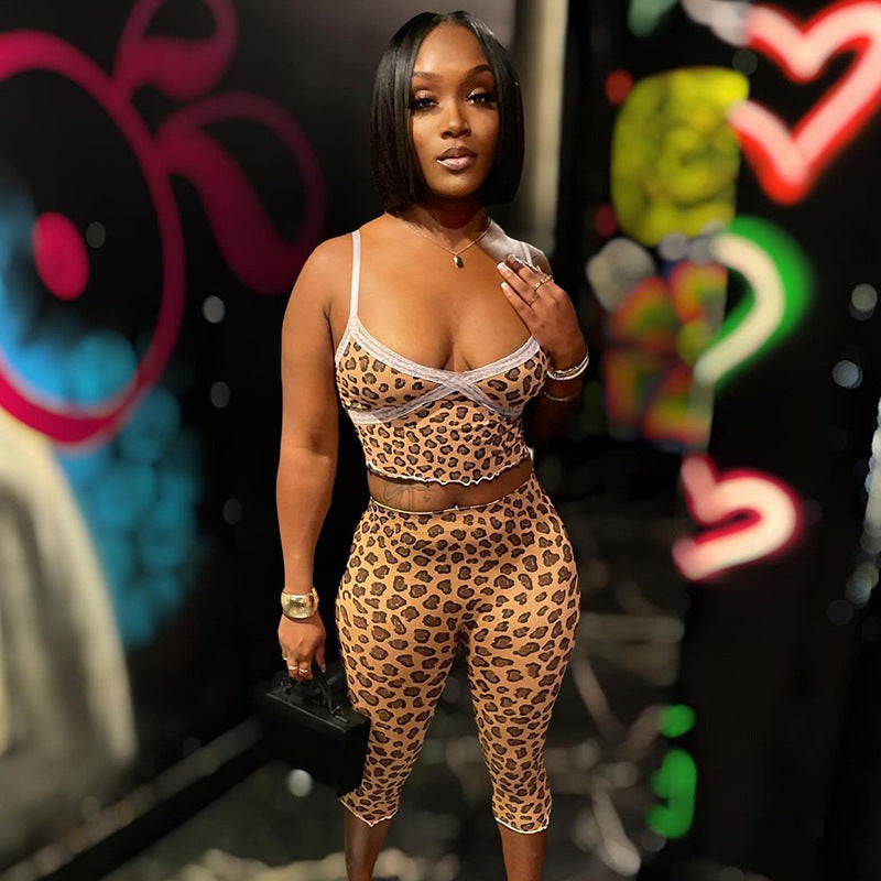 Women Spring and Summer Leopard lace Suspender Wave Edge Top and Knee-Length Shorts Two Piece Set 6