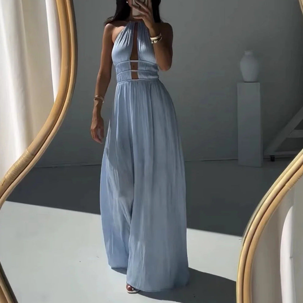 Women's Sexy Hollow Halter Off-Shoulder Pleated Maxi Dress
