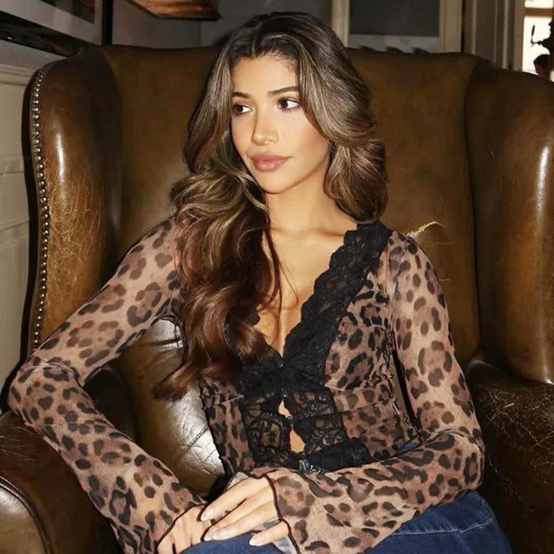 Women Leopard Lace Hollow Lace Sexy V-Neck T-Shirt Top 4