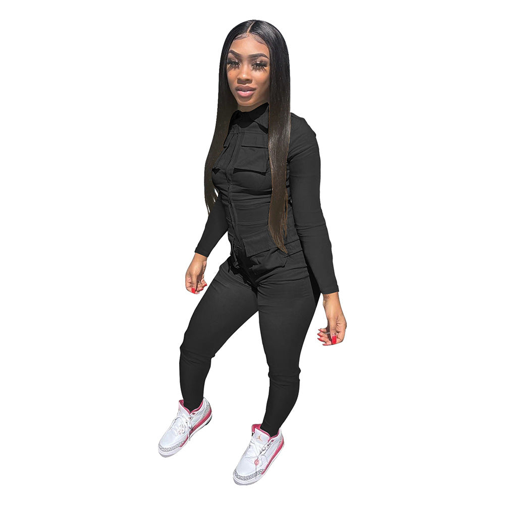 Women's Fall/Winter Solid Color Zip Pocket Cargo Jumpsuit 11