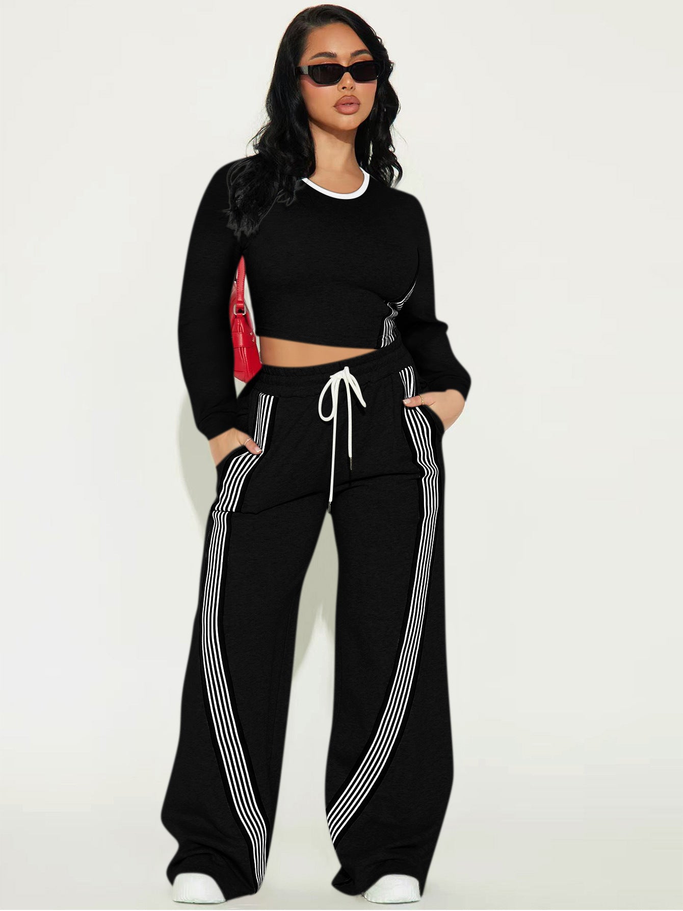 Women's Fashion Casual Long Sleeve Top & Side Striped Sporty Pants Two-Piece Set 4