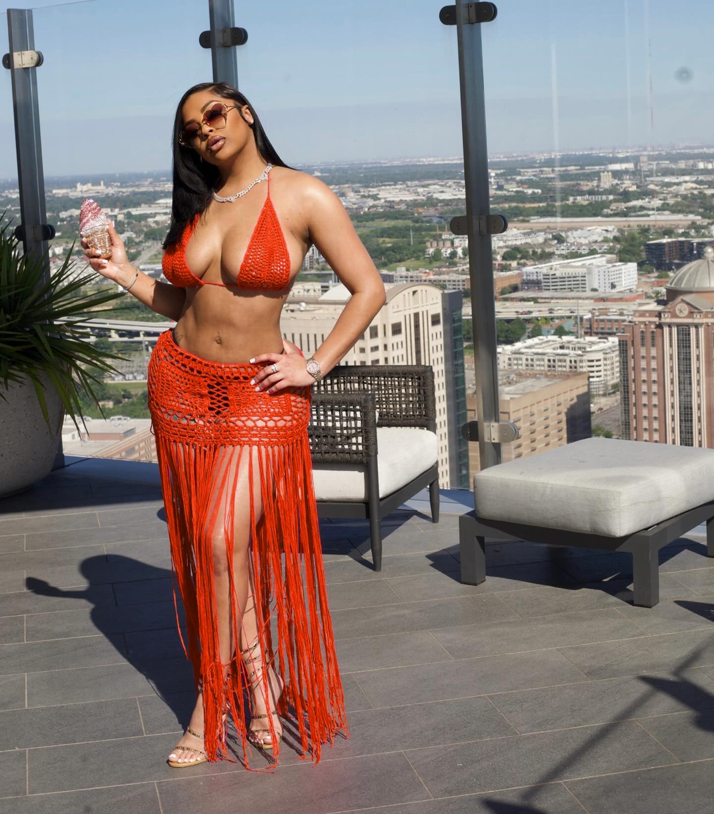 Women's Crochet Solid Color Bikini Top Tassel Beach Skirt Two Piece Set 6