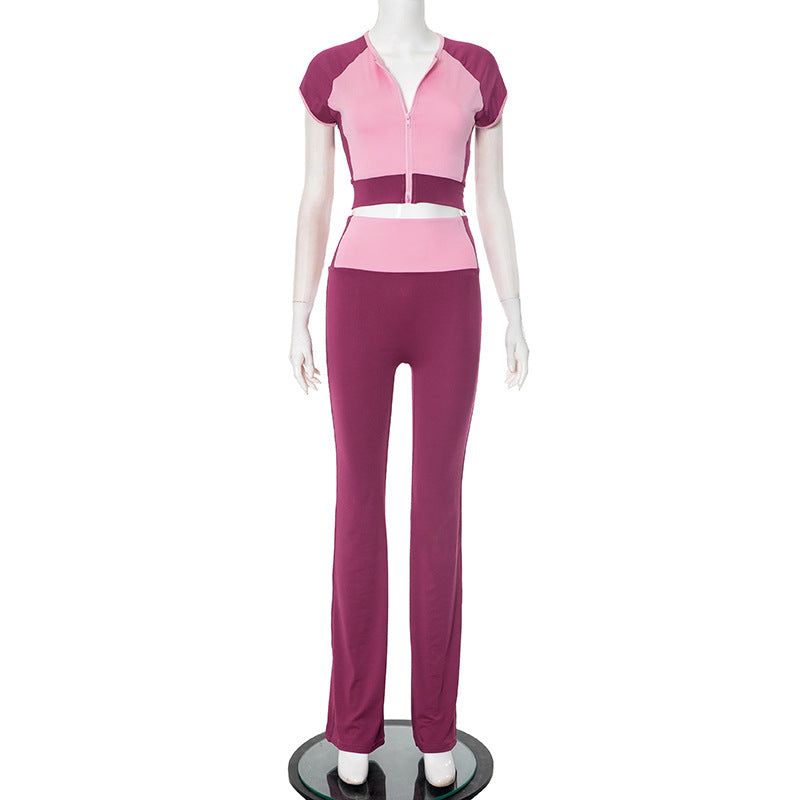 Women Spring/Summer Contrast Drop Shoulder Round Neck Zipper Top and Bell Bottom Pants Two Piece Set 7