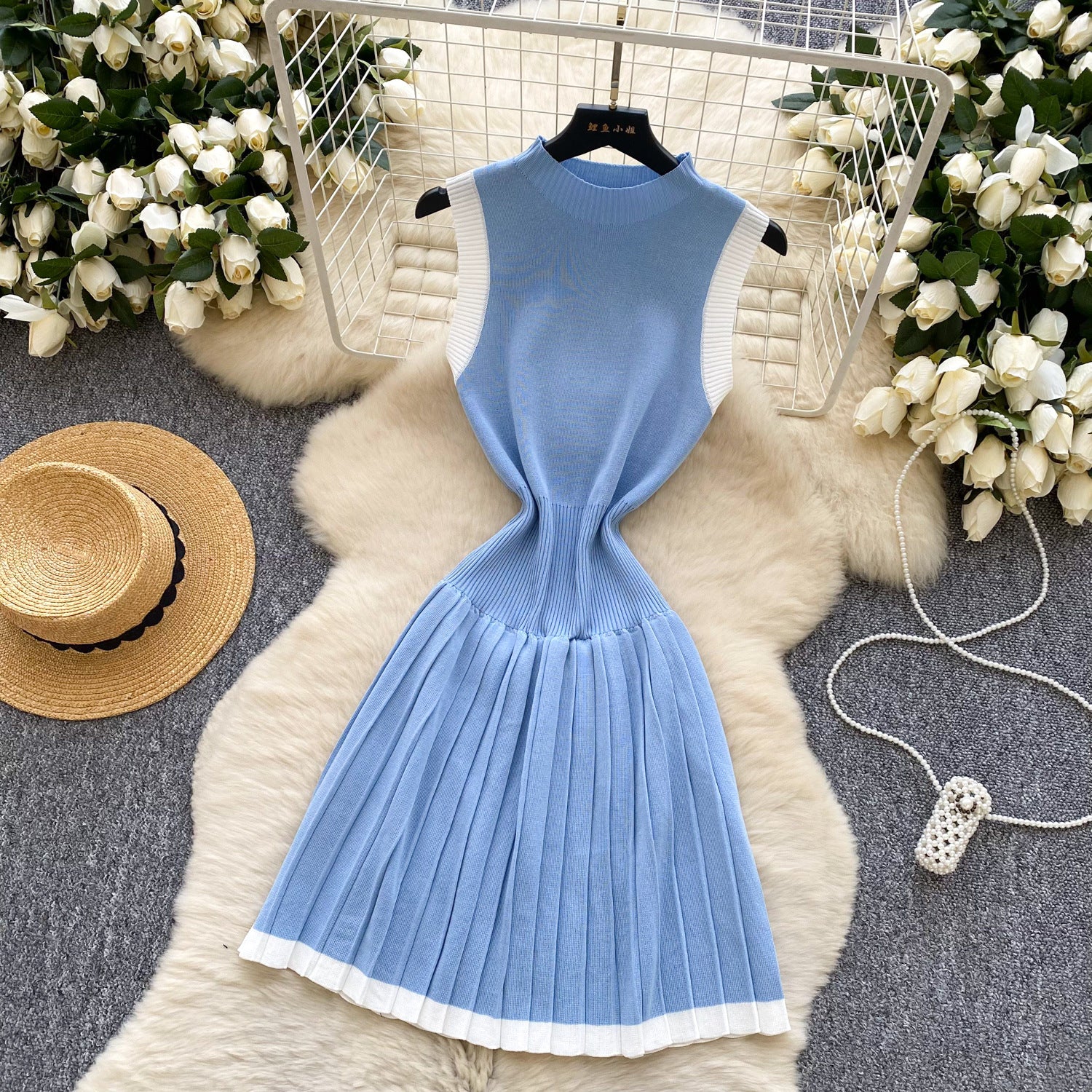 Women's Summer Sleeveless Knitting Slim Waist Contrast Color Pleated Dress 8