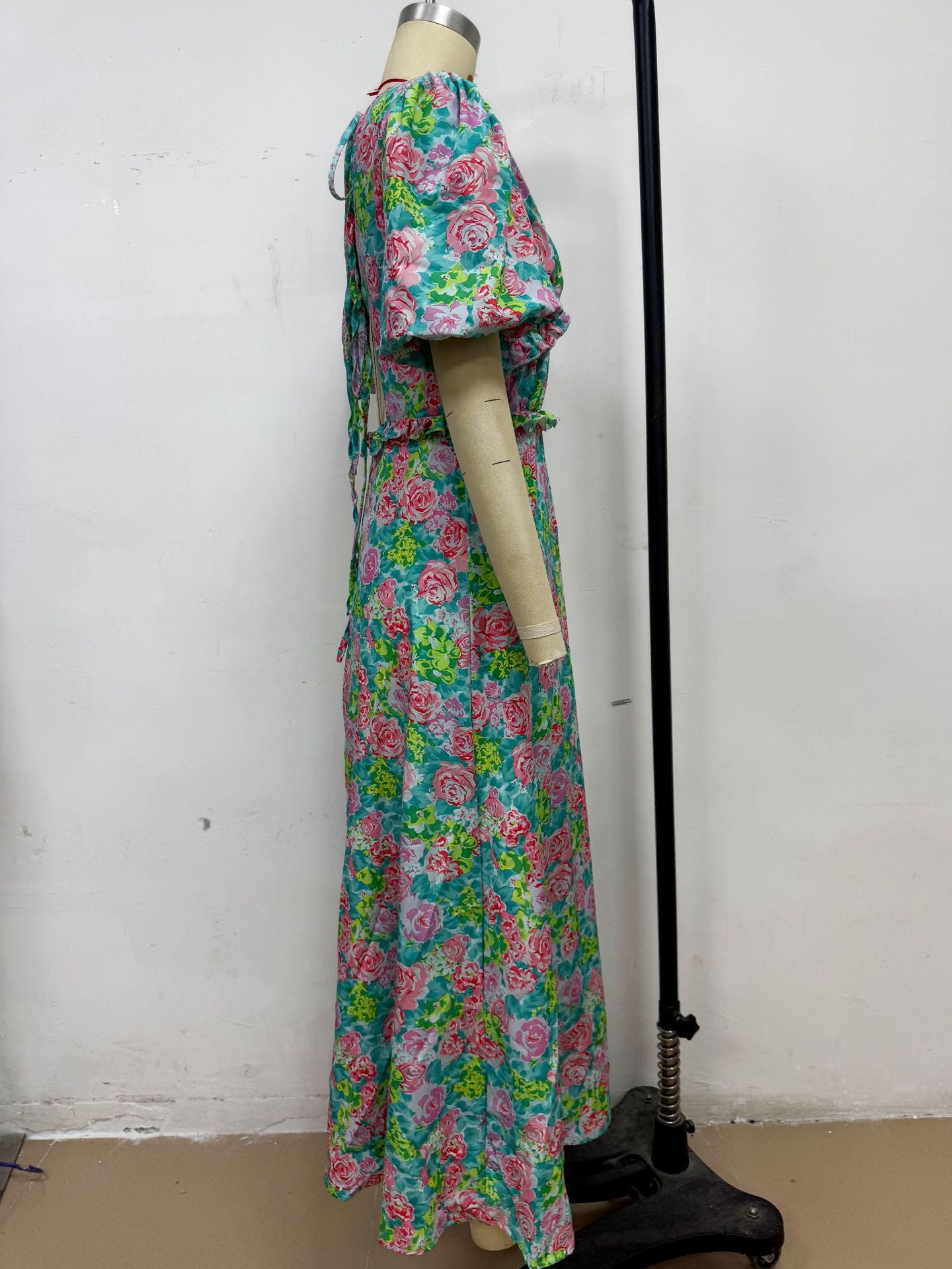 Summer Puff Sleeve V-Neck Print Dress 8