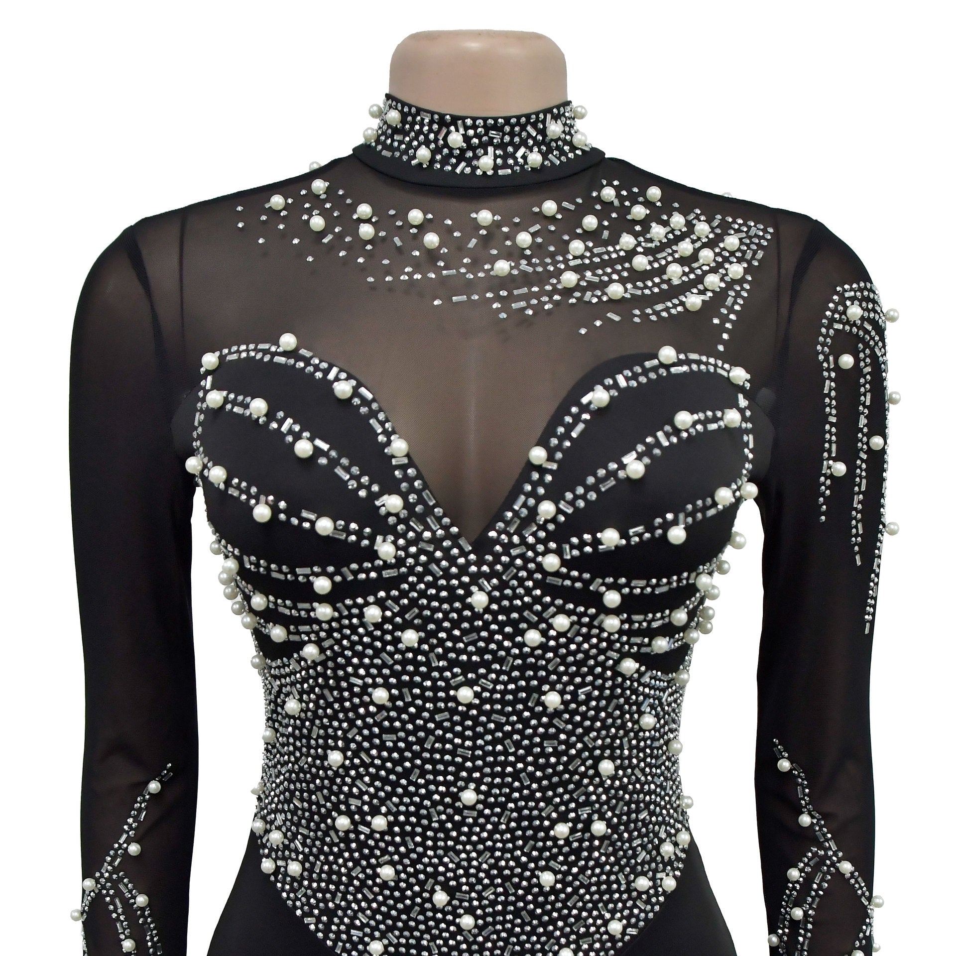 Women solid mesh beaded long-sleeved mini dress 15