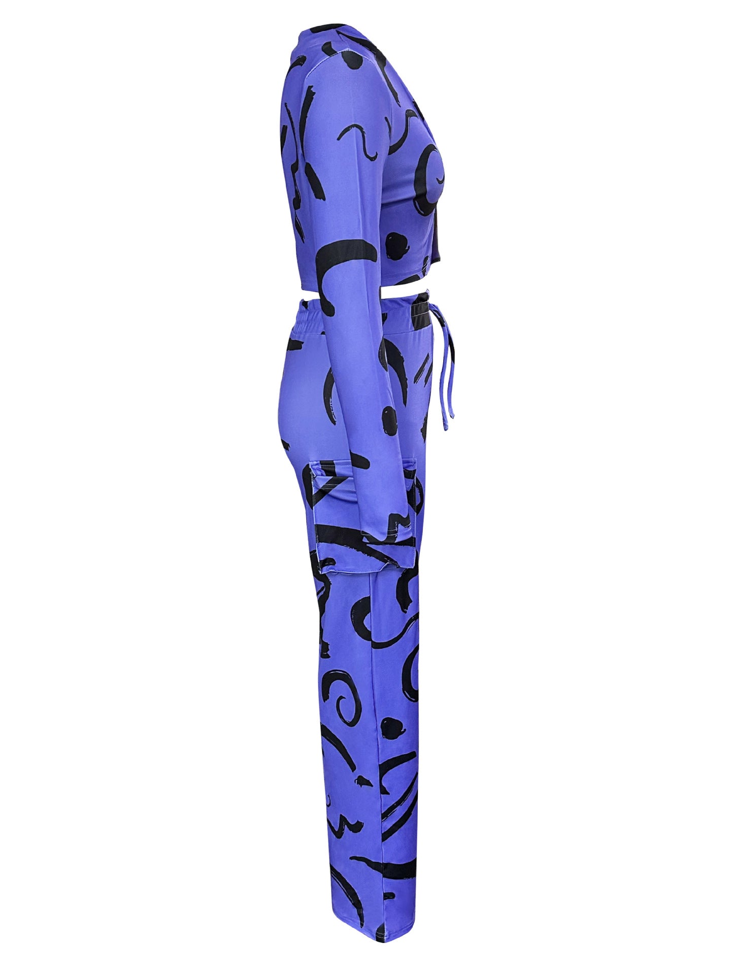 Women Autumn and Winter Geometric Line Print Casual Sexy Short Top and Pant Two-piece Set 21