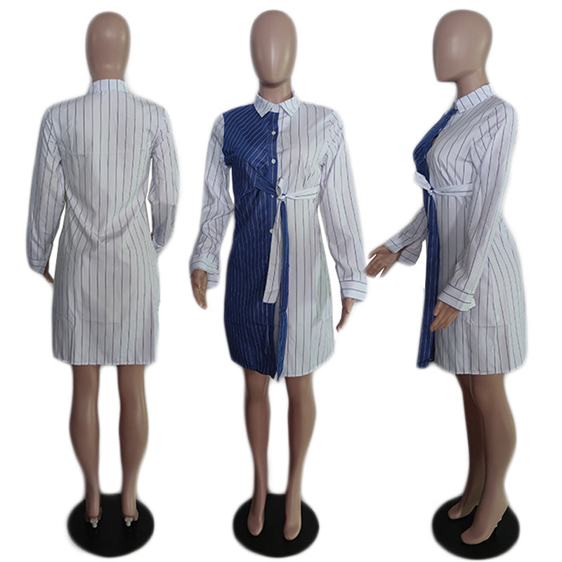 Women Contrast Color Long Sleeve Striped Shirt Dress 12