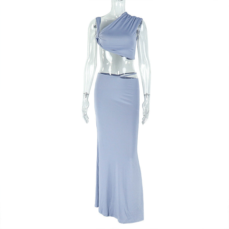 Women's Elegant and Casual Sexy Sleeveless Slash Shoulder Two Piece Skirt Set 8