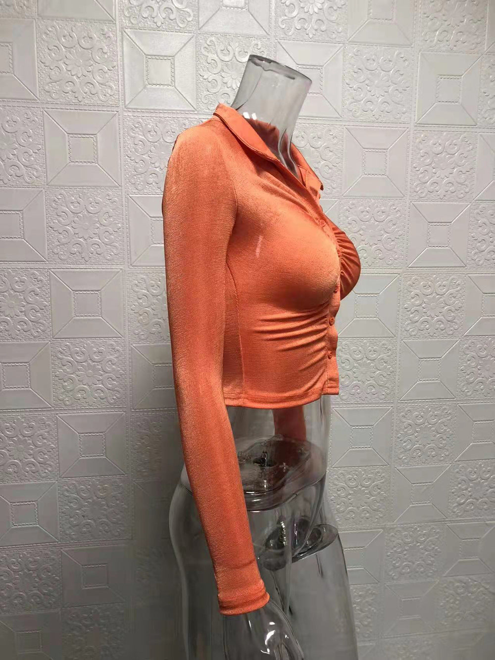 Women Sexy Pleated Turndown Collar Long Sleeve Shirt 20