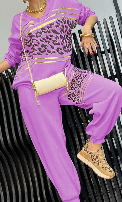 Women autumn and winter leopard print Patchwork Top and Pant two-piece set