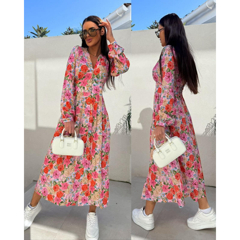 Long-Sleeve Floral Slim Waist Casual Dress 6