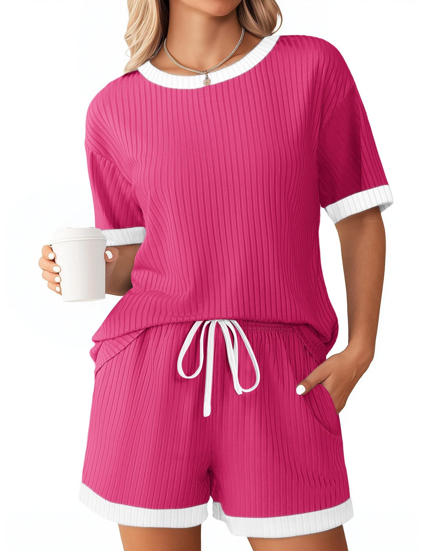 Women's summer Ribbed color matching pajamas short sleeve home clothes Shorts Set 5