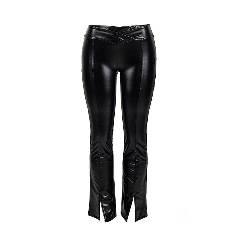 Women Fall Solid Bell Bottom Slit PU-Leather Pant 5