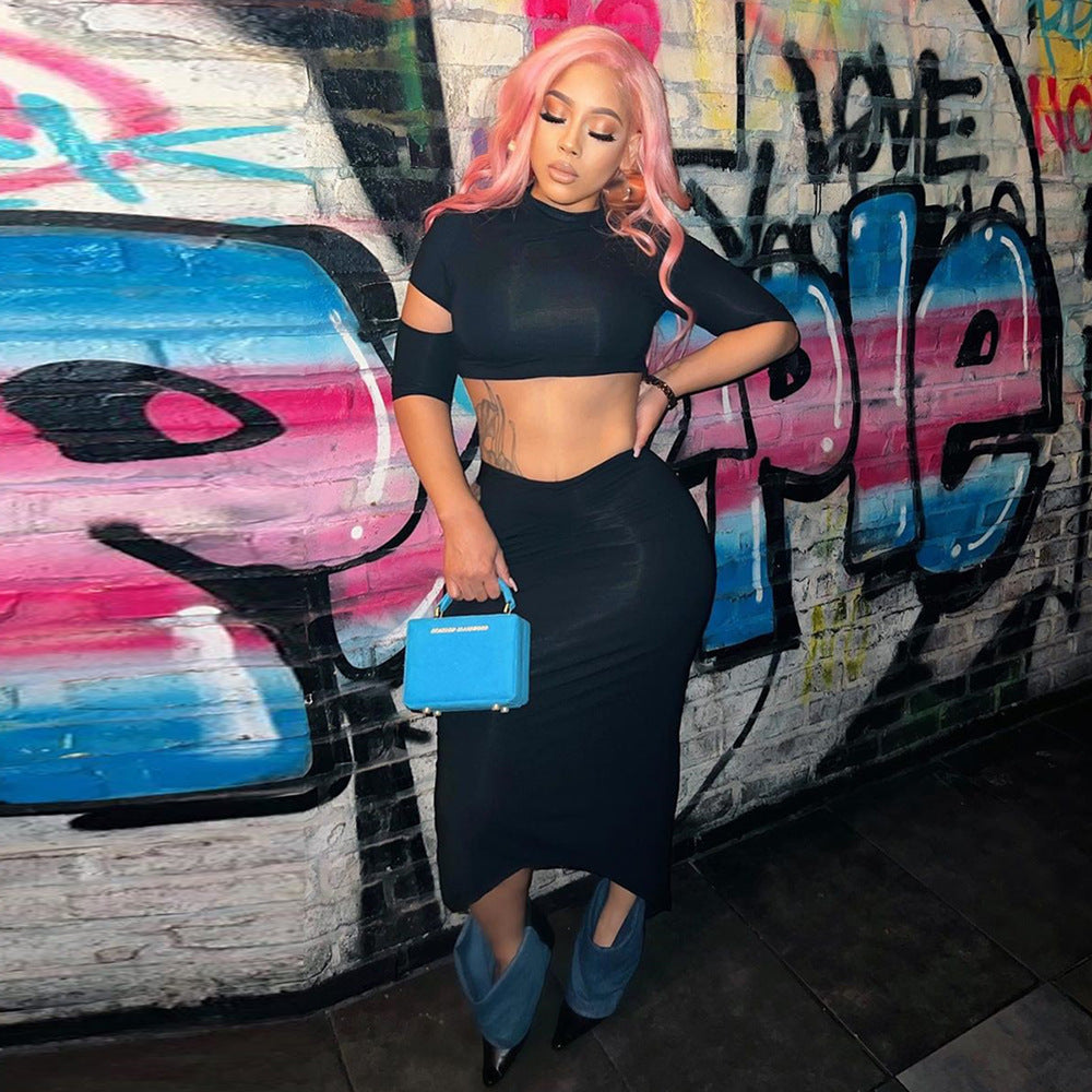 Women Trendy Style Hollow-Out Crop Top and Long Skirt Two-Piece Set