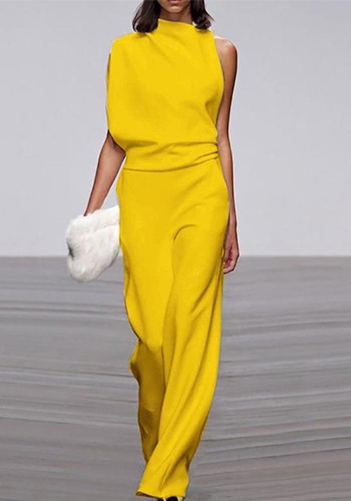 Women Pants Solid One Shoulder Stacked Collar Jumpsuit
