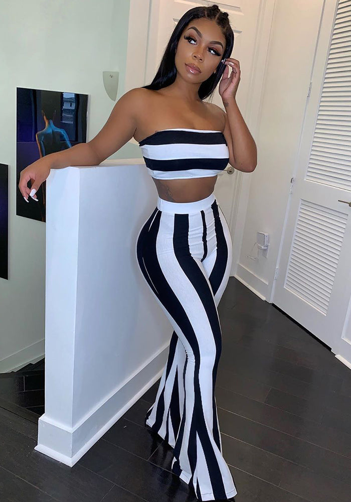 Spring Striped Strapless Crop Top Bell Bottom Pants Set