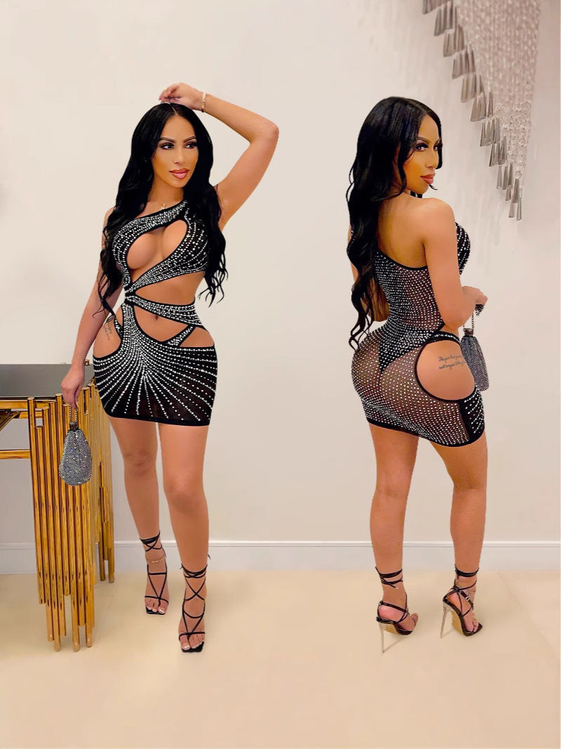 Women Solid Beaded one-shoulder hollow sexy dress 3