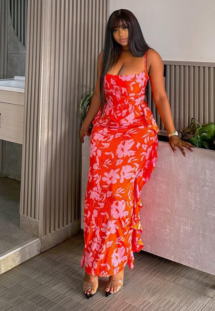 Women Sexy Printed Suspender Backless Strappy Top and Skirt Two-piece Set 5