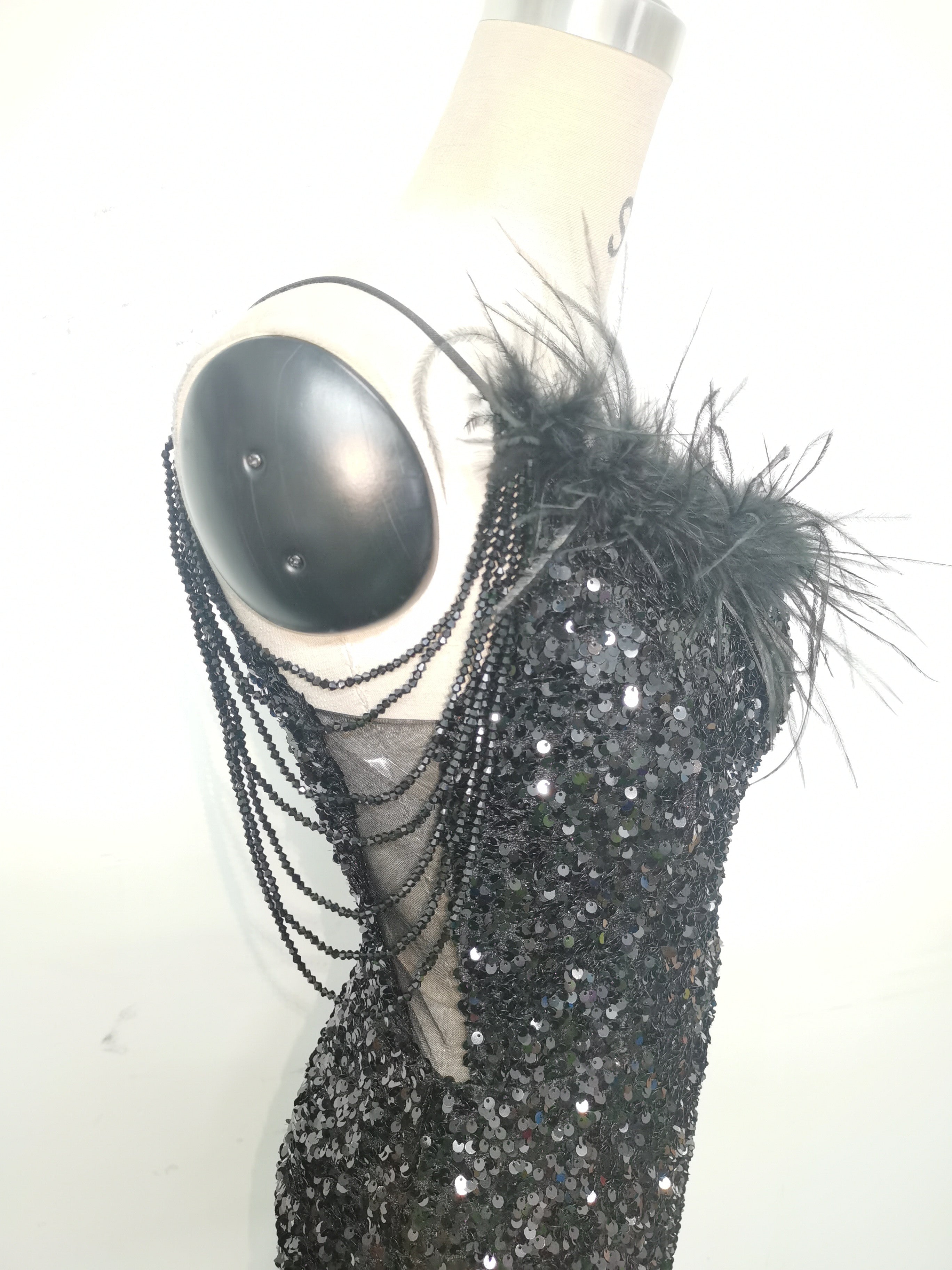 Women Ostrich Feather Beaded Sequin One Shoulder Slash Shoulder Slit Evening Dress 27