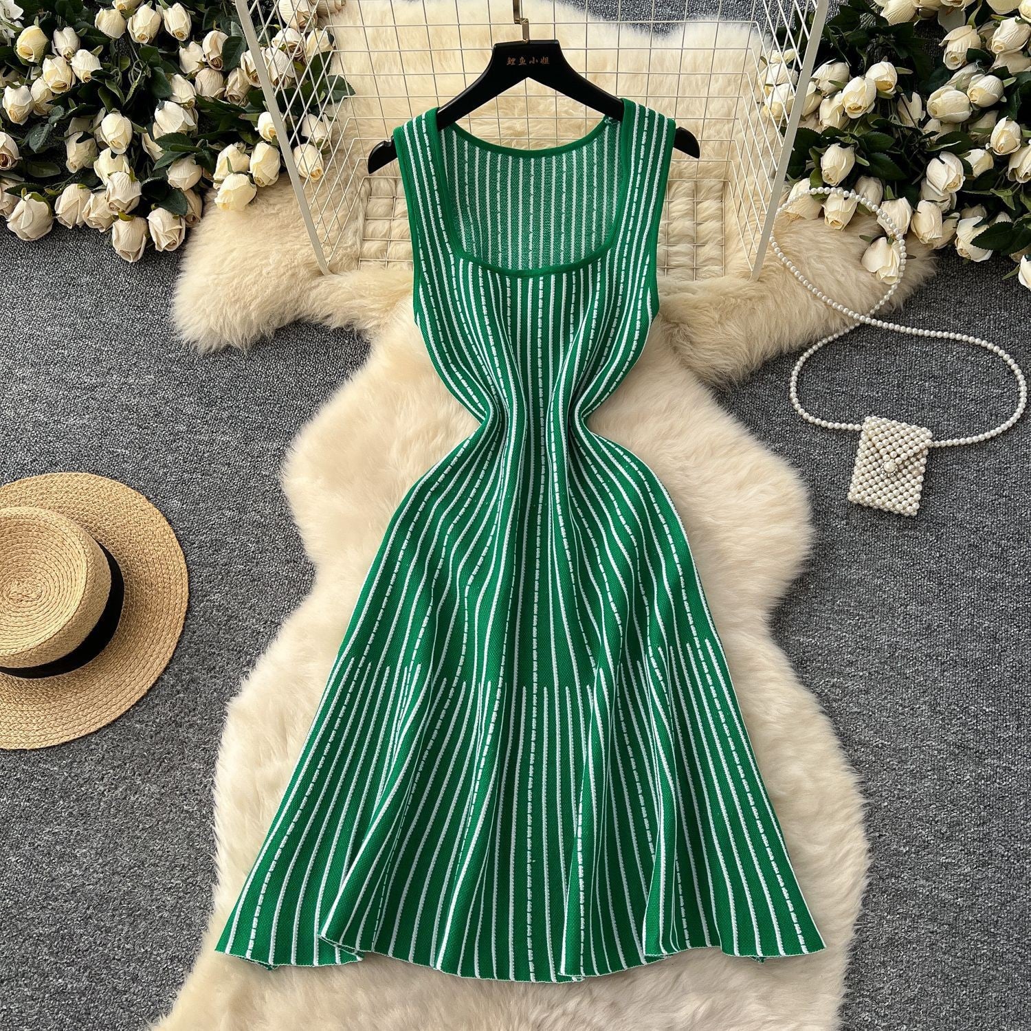 Women's Summer Square Neck Sleeveless Striped Slim Knitting Dress 4
