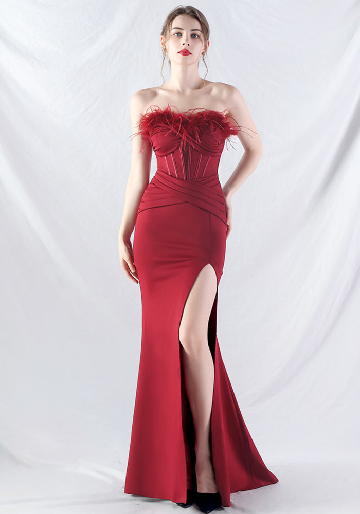 Feather Strapless Herringbone Slim Waist Solid Color Slit Evening Dress