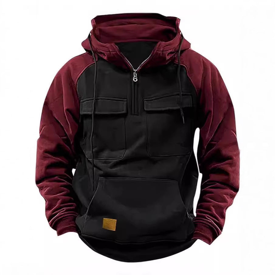 Spring Autumn Men's Raglan Sleeve Half Zip Hoodie Sport Multi-Pocket Hooded Trendy Hoodie 9