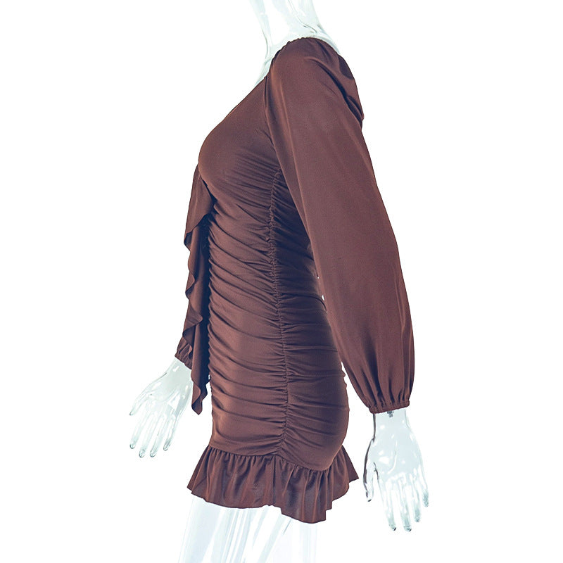 Loose Pleated U Neck Low Back Long Sleeve Dress Casual Comfort 8