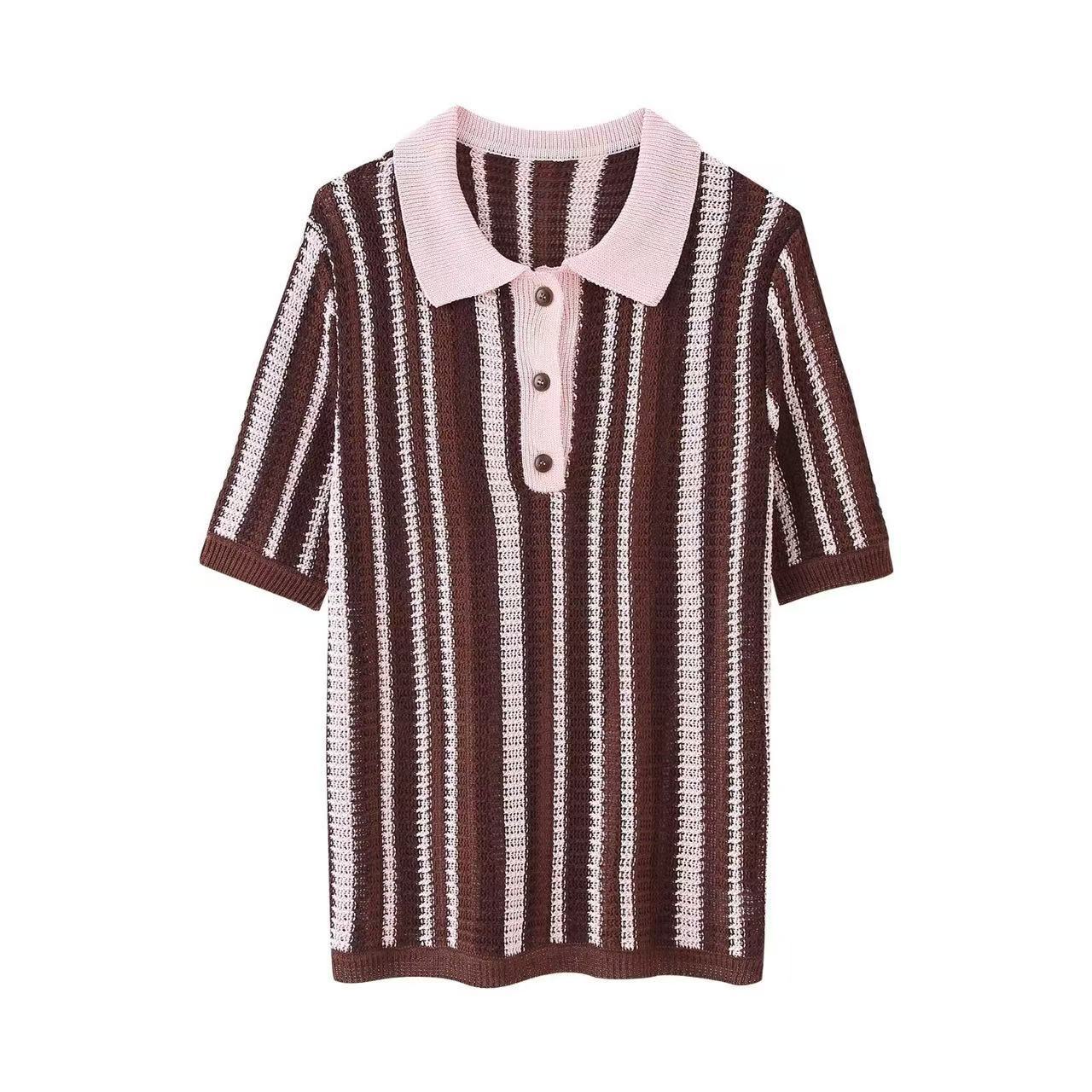 Fashion Striped Turndown Collar Short-Sleeve Top & Shorts Knit Set 3